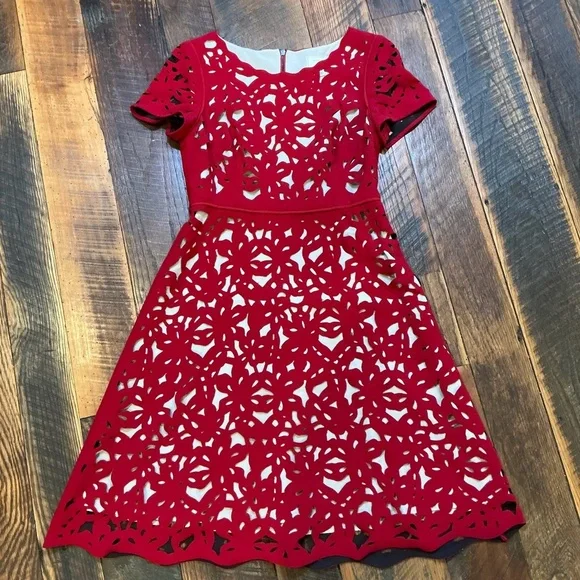 Moulinette Soeurs Laser-Cut Red Fit & Flare Dress Anthropologie Size 6 Moulinette Soeurs Laser-Cut Red Fit & Flare Dress Anthropologie Size 6